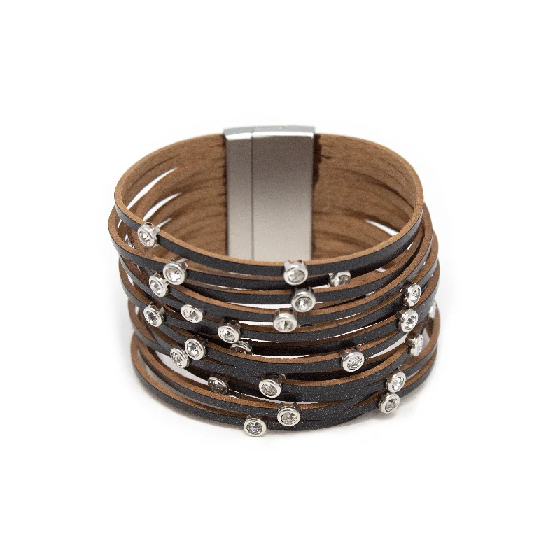 vintage-style filigree bracelet Multi Row Leather Bracelet With Round Crystals Black