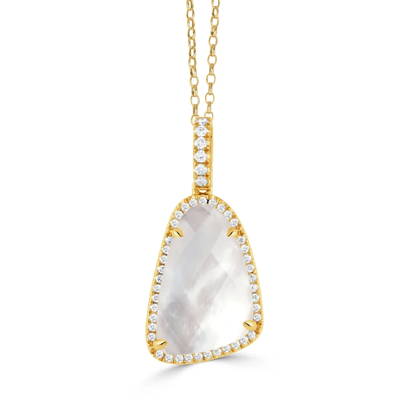 crystal-studded gold ring 18K YELLOW GOLD DIAMOND PENDANT WITH CLEAR QUARTZ OVER WHITE MOTHER OF PEARL