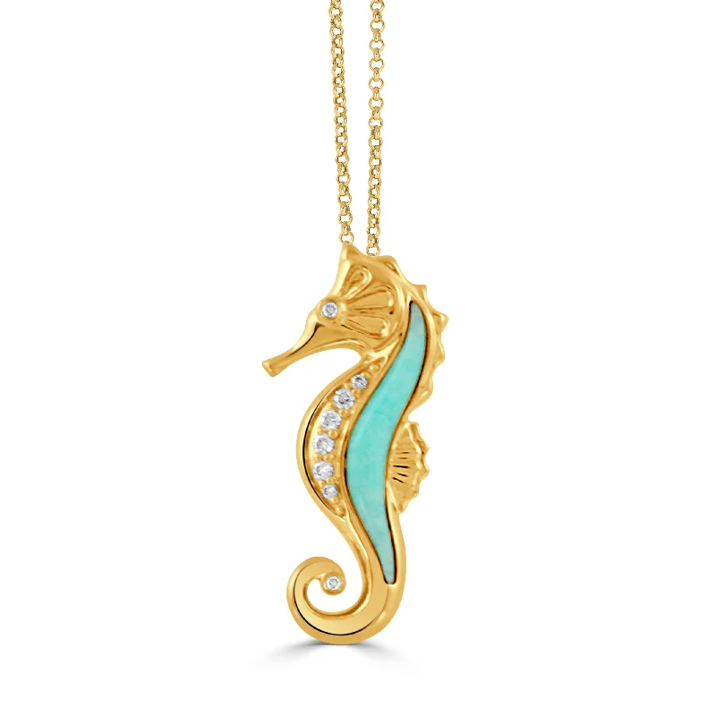 custom star sign necklace 18K YELLOW GOLD DIAMOND SEA HORSE PENDANT WITH AMAZONITE