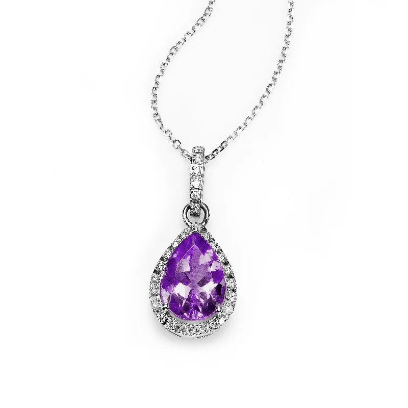 gold engagement ring vintage Pear Shape Amethyst and Diamond Halo Pendant, 14K White Gold