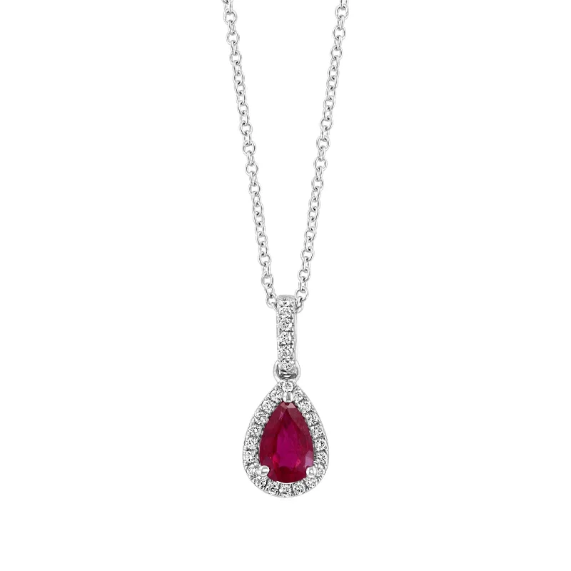 personalized pet photo necklace Pear Shape Ruby and Diamond Pendant, 14K White Gold
