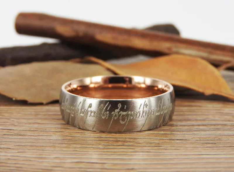 men’s tungsten wedding ring Handmade Two Tone Dome shape Custom Your words in Elvish, Lord of the Rings , Matching Wedding Bands, Couple Rings, Titanium Rings, Anniversary Rings